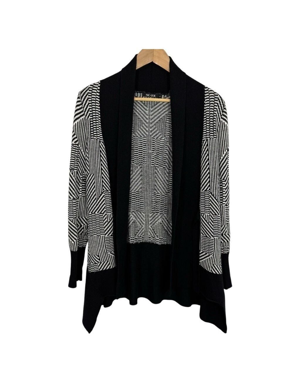 Nic+Zoe Cardigan Sweater Womens L Black White Open Front Casual Geometric GUC